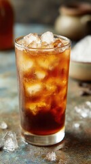 Refreshing iced beverage served with ice cubes