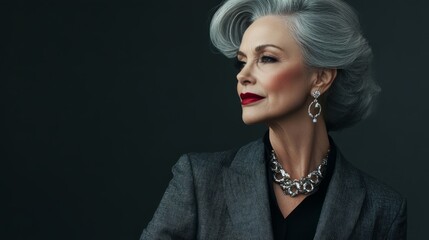 Elegant grandma with silver hair in a tailored suit showcasing confidence and style indoors