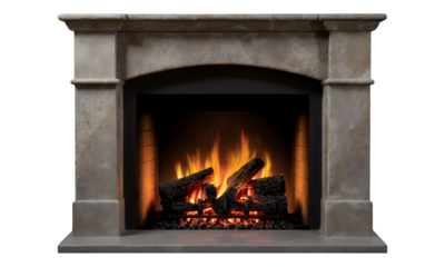 Stone Fireplace with Burning Logs, Beige and Brown Tones, Clear Background, Realistic Fireplace Asset