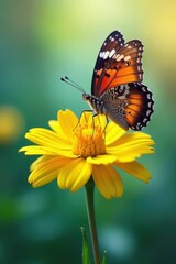 Fototapeta premium Colorful butterfly perched on a bright yellow flower , colorful, nature