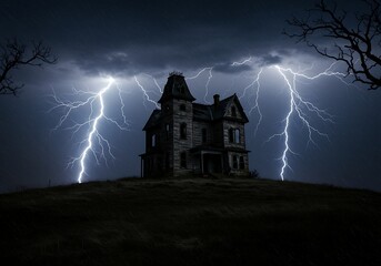 Spooky Victorian House on a Hill Silhouetted by Lightning in a Dark Stormy Night