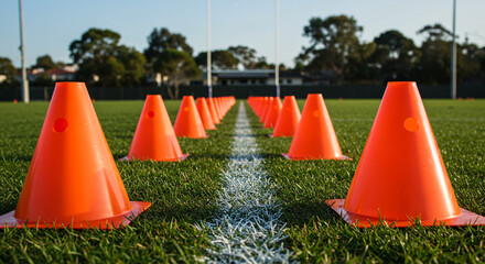 Training Cones on Rugby Field: Bright orange markers for athletic drills and practice