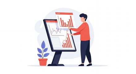 Data analyst presenting graph and chart analysis on a screen display, concept for financial review, business meeting and investment planning