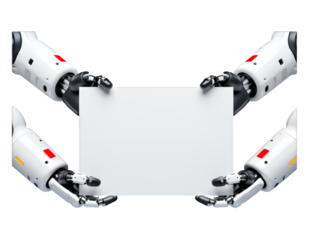White Robotic Arms Holding Blank Sign, Transparent Background, 3D Realism Asset