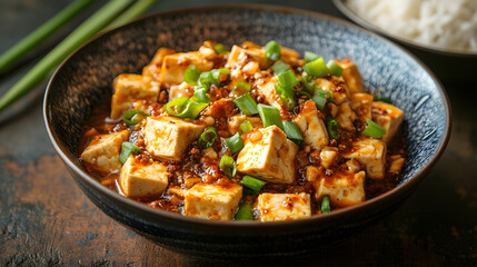 Fototapeta premium Spicy Mapo Tofu in a Dark Bowl with Green Onions and Rice