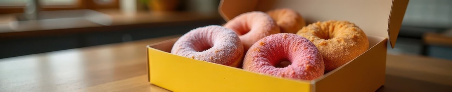 A box of assorted sugar donuts filled with sima on a kitchen counter, snacks, desserts