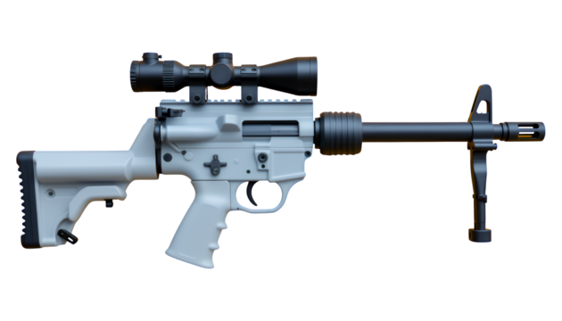 White Tactical Rifle with Scope, Transparent Background, 3D Realism Asset