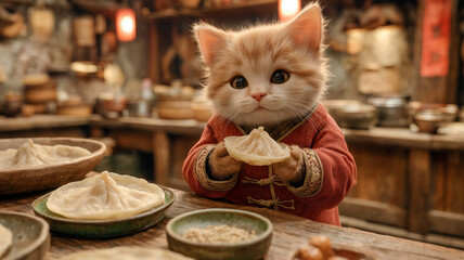 Cute anthropomorphic kitten dressed in traditional clothing holding a dumpling in a rustic kitchen setting. Adorable fantasy animal character preparing food in cozy warm atmosphere