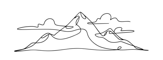 Obraz premium Black mountains in one line art style. Mountains drawing with editable black stroke on white background. Vector illustration. 