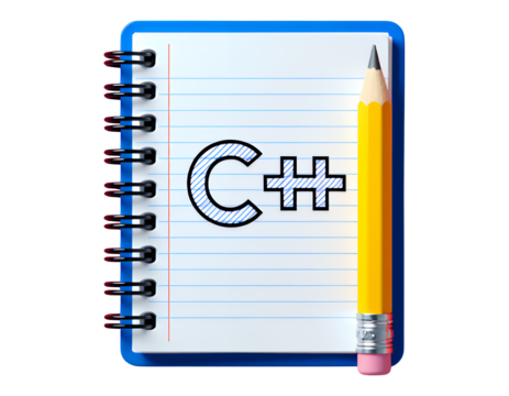 Yellow Pencil and Blue Notebook with C++ Symbol, Transparent Background, 3D Realism Design Element