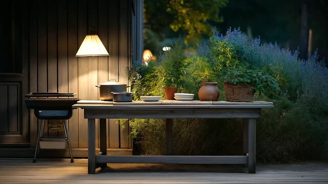 Cozy grilling setup with pots on a table in soft lighting