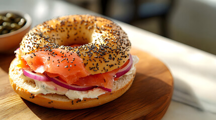 Sesame Bagel with Cream Cheese, Smoked Salmon, and Red Onion Slices