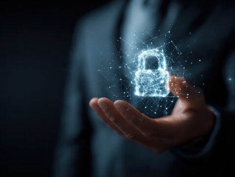 Businessman protecting data with encryption and network security, Protecting transactions. Cybersecurity for online business, data privacy, Safeguarding business transactions from cyber threats.