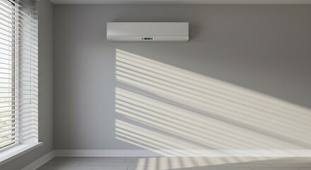 Obraz premium Modern white wall mounted air conditioner unit in a room with sunlight.