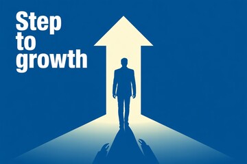 Businessman walking into upward arrow, step to growth, progress, success, career advancement concept.