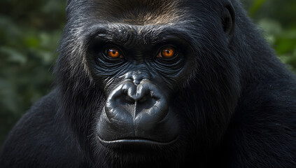 Close-Up of Powerful Silverback Gorilla Staring into Camera &ndash; Hyper-Realistic Wildlife Portrait with Jungle Background