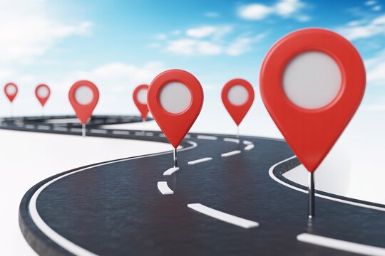 Curved road with red location pins, milestones and roadmap navigation, journey planning, strategy concept.