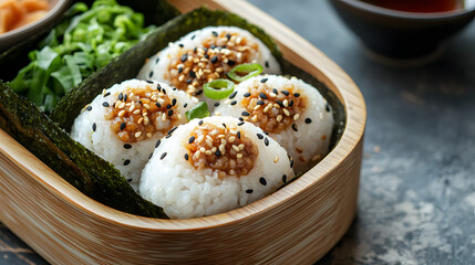 Sushi Rice Balls with Sesame Seeds and Seaweed in a Bamboo Container