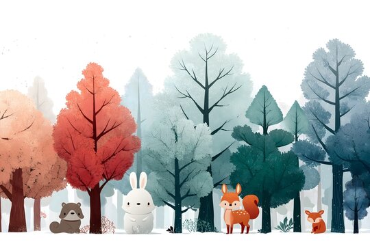 Fototapeta Forest animals standing in a winter woodland surrounded by colorful stylized trees and snow