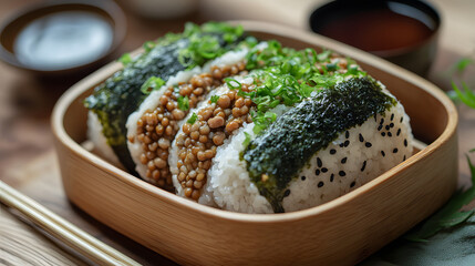 Assorted Onigiri Rice Balls with Seaweed and Toppings in a Wooden Bowl