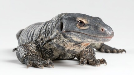 Obraz premium A close-up of a dark-gray monitor lizard on a white background, its head slightly turned to its right. The lizard's textured skin and clawed feet are clearly visible