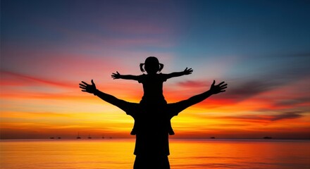 Fototapeta premium Father and Daughter Silhouette at Sunset, Arms Outstretched in Joyful Embrace