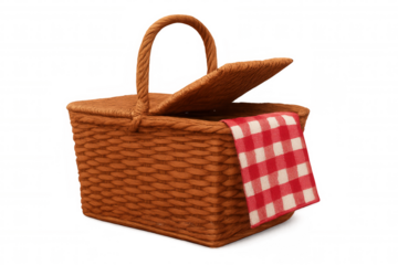 Wicker picnic basket displaying red white gingham cloth, poised for alfresco meal preparation against transparent backdrop