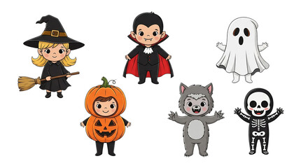 Cute cartoon characters in Halloween costumes, including witch, vampire, ghost, pumpkin, werewolf, and skeleton.