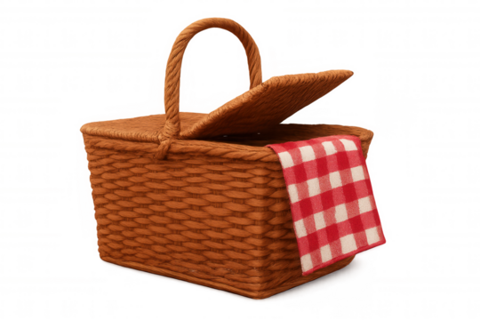 Wicker picnic basket displaying red white gingham cloth, poised for alfresco meal preparation against transparent backdrop