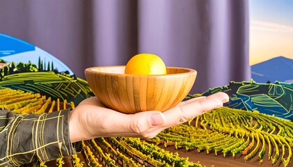 Hand holding a bowl with a lemon