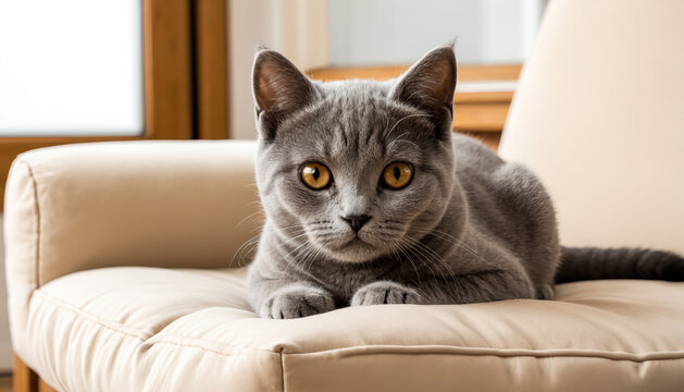 This photo of a British Shorthair kitten is ideal for veterinary services or cozy home brands. It conveys warmth and charm with a soft, natural look.