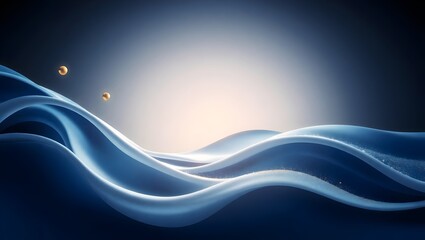 Smooth Flowing Deep Blue White Wave Art with Metallic Gold Spheres and Sparkle, High Resolution