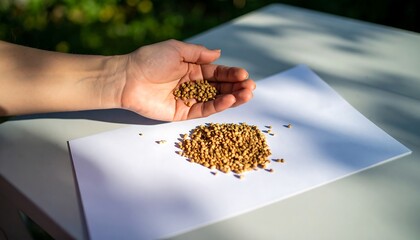 Hand holding and scattering small seeds on a white surface