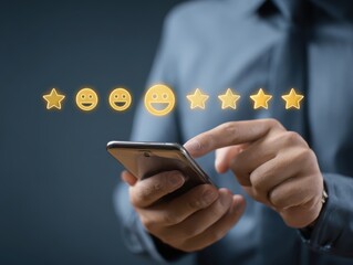 Customer satisfaction survey concept, Businessman using smartphone touch happy smiley icon, 5 star service experience rating, Feedback, Online review, Online application, Quality satisfaction review.