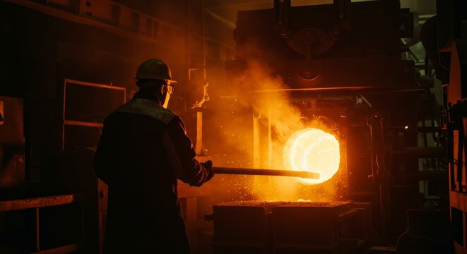 Man working in a metallurgical plant. Foundry worker at bright hot production. Labor in a heavy industry. Metallurgical production concept.