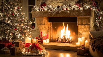 Cozy Christmas scene with glowing fireplace, decorated tree, and gifts