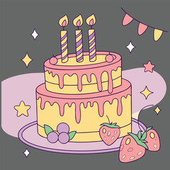  birthday cake vector. birthday cake slices with candles cartoon vector illustration. Black and white birthday cake with candle clipart. Hand drawn vector illustration. cake vector