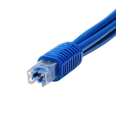 Close-up of a blue Ethernet cable connector.  The connector's plastic housing is ribbed, and the clear plastic of the RJ45 plug is visible