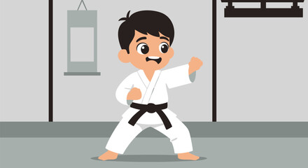 Young cartoon boy martial artist with a black belt in a fighting stance. Vector illustration of a kid practicing karate in a traditional dojo
