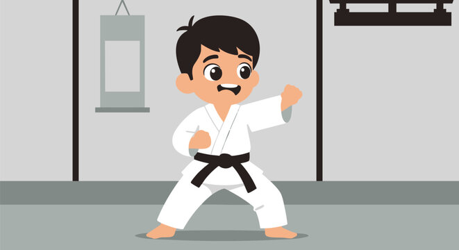 Young cartoon boy martial artist with a black belt in a fighting stance. Vector illustration of a kid practicing karate in a traditional dojo