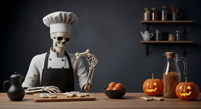 A skeleton chef in a kitchen preparing halloween treats with pumpkins and bone shaped cookies on a table - Powered by Adobe