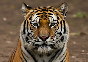 Fototapeta premium Stunning close-up photograph of a majestic tiger's face, showcasing its intense eyes and beautiful striped pattern in a wildlife setting