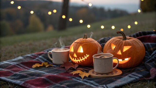 Cozy autumn evening picnic with lit jack o lanterns and warm drinks