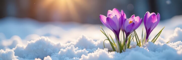Fototapeta premium Delicate purple crocus blossoms emerge from melting snow , spring, icy