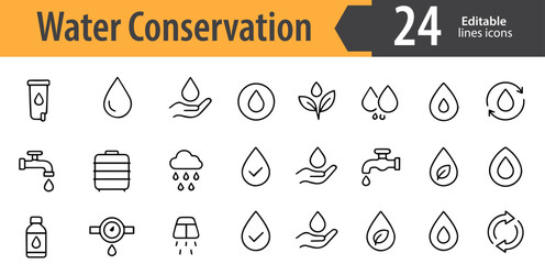 Water Conservation Line Icons Set, Save Water, Eco Friendly Lifestyle, Sustainable Resources, Clean Water Protection, Editable Formats: AI, EPS, PNG, Ideal for Both Digital and Print Use

