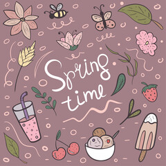 Bright doodle image with Spring Time lettering with decorative spring elements. Perfect for seasonal projects, cards and decor. Playful curls of letters, cute details create a spring mood.