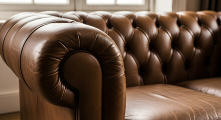 Fototapeta premium Detailed View of a Brown Leather Chesterfield Sofa Armrest