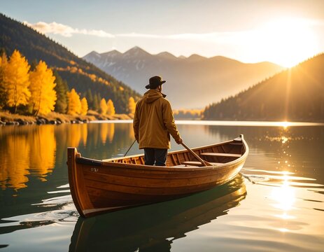 Contemplative moment man in boat exploring serene lake amidst scenic mountains - Powered by Adobe