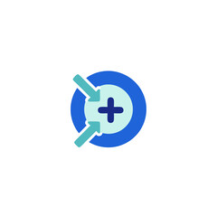 Obraz premium Conceptual graphic featuring converging arrows and a central plus symbol within concentric circles