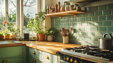 Bright Kitchen with Green Tiles, Wooden Countertop, and Potted Plants